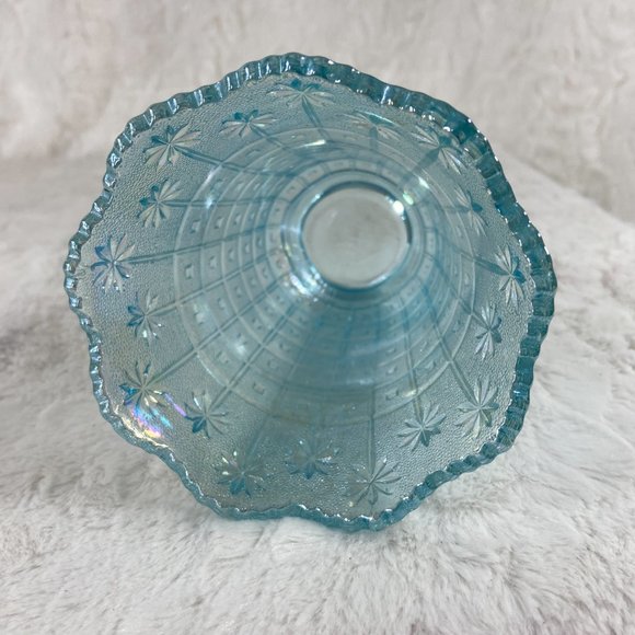 Imperial Glass Blue Iridescent Carnival Flower Block Scalloped Vase Lennox Rare - Picture 6 of 8